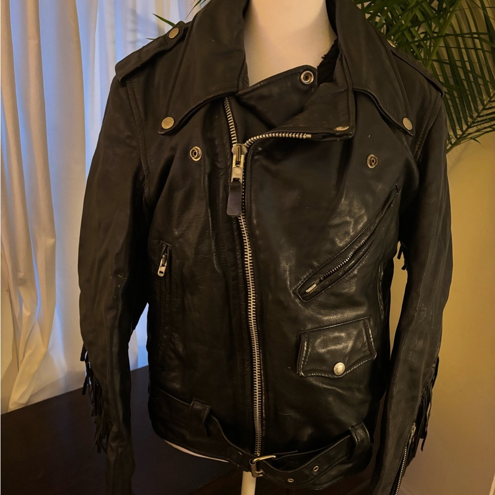 Vintage Black Leather Motorcycle Jacket with Asymmetrical Zipper